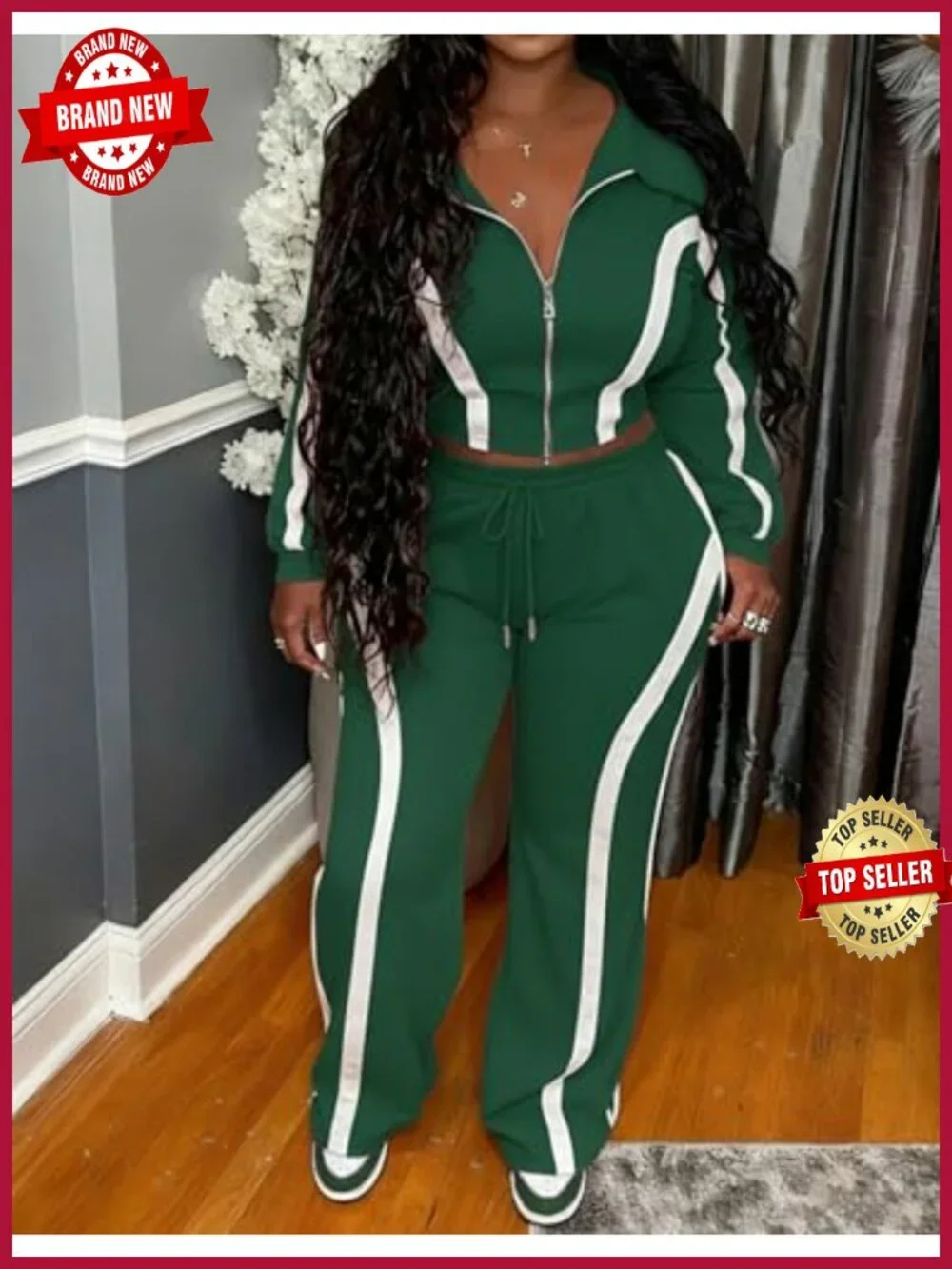 Women Striped Two Piece Tracksuit Set Long Sleeve Zip Up Jacket Wide Leg Pants